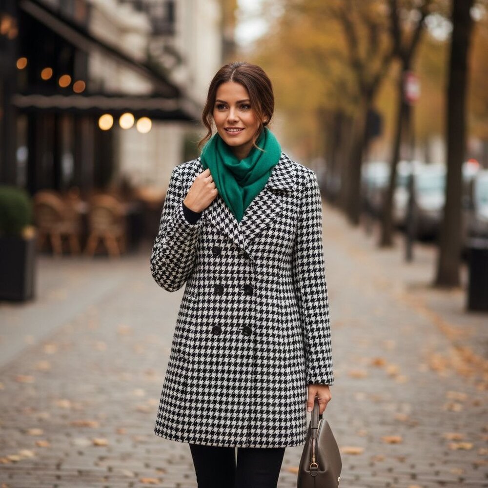 Houndstooth Black & White Double-Breasted Wool Blend Coat By Hot Kiss Outerwear